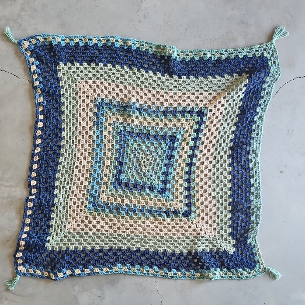 Multicolor Blue Green cream Crochet Hand Knit Blanket